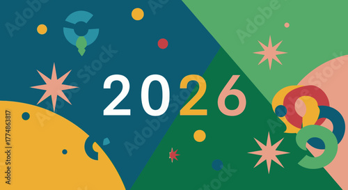 Colorful abstract graphic design for the year 2026 celebration.