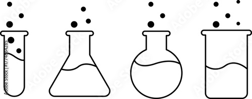 Simple line art of four bubbling laboratory flasks and test tubes