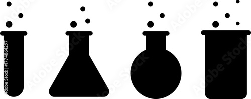 Four silhouetted laboratory flasks and test tubes with bubbles