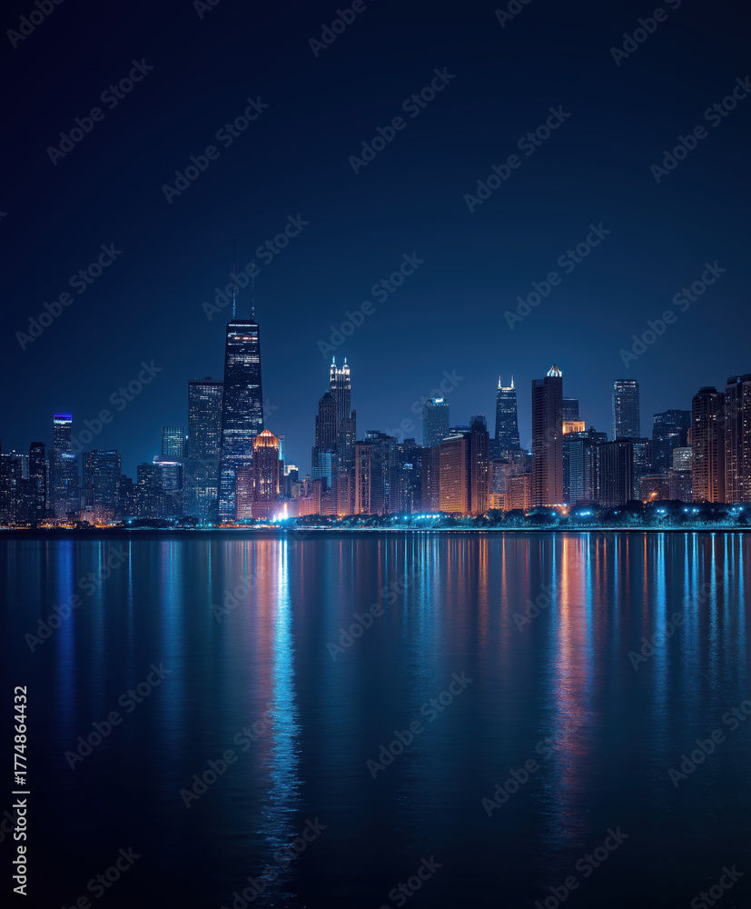 Fototapeta premium nighttime cityscape features a skyline glowing with lights that shimmer across a tranquil body of water, evoking urban beauty and peaceful modern energy