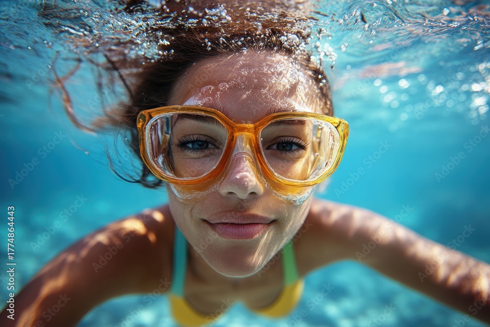 Fototapeta premium Smiling girl swimming underwater wearing bright orange goggles in clear blue water