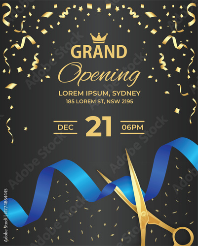 Premium grand opening flyer with blue ribbon and confetti on dark background