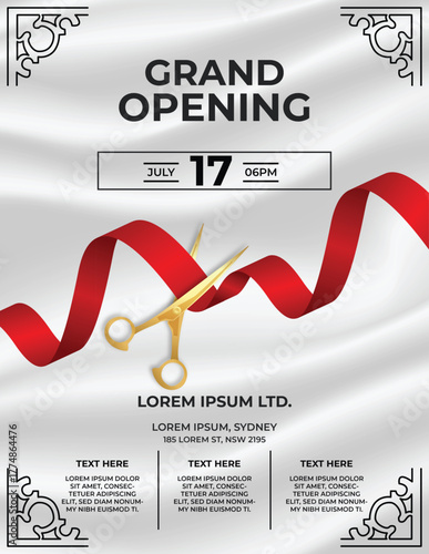 Luxury grand opening event banner design with with red ribbon and clothed texture background