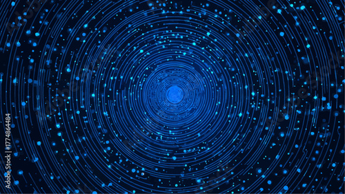 Abstract concentric circles with blue glowing particles on a dark background creating depth effect