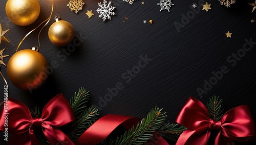 Cabecera para felicitaciones de Navidad con ramas de abeto, lazos rojos y ornamentos brillantes, área de texto destacada para felicitación. Tarjeta Navideña