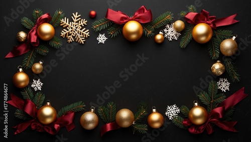 Marco navideño elegante con ramas de abeto, lazos burdeos y bolas doradas sobre fondo negro, amplio espacio para texto