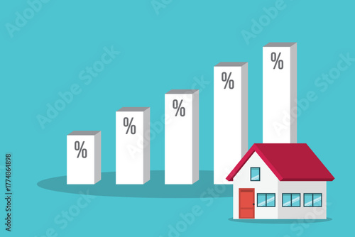 Increasing interest rates. Percentage symbols on increasing high charts bars of  next to a house. 