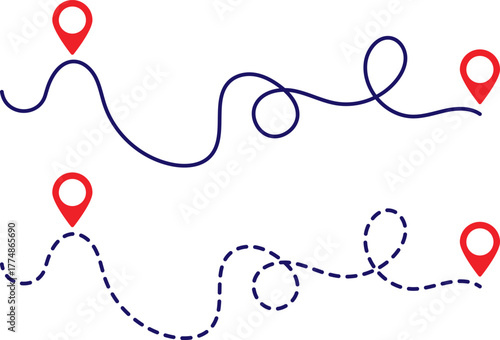 Two winding routes marked by red location pins