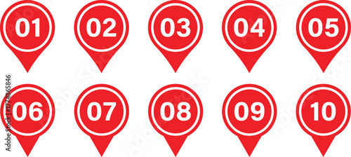 Red numbered map pins from one to ten