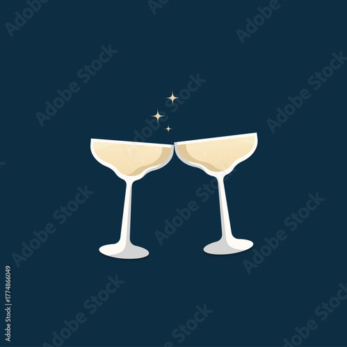 Two champagne coupes with sparkling wine on dark blue background, festive celebration vector illustration