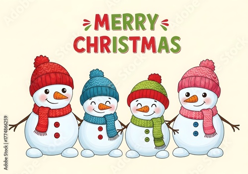 four cute snowmen wearing colorful hats and scarves under 