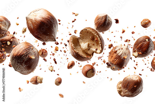 Flying hazelnuts and cracked shells in mid-air composition, isolated on transparent background.