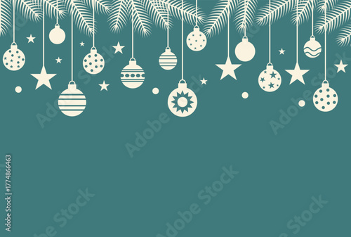 Minimal Christmas background with hanging ornaments, stars, and pine branches – festive holiday design template