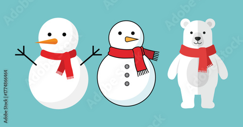 Cute snowman and polar bear illustration with red scarf – flat Christmas vector set