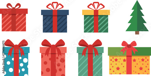 Christmas gift box set with colorful ribbons and wrapping paper – festive flat vector collection