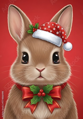 Cute Bunny in Santa Hat and Holly Bow on Red Background, Festive Christmas Holiday Greeting Card