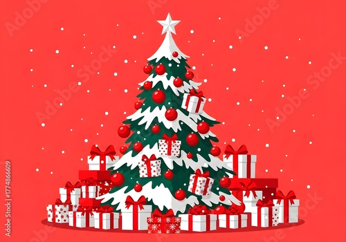 Festive Christmas Tree with Red and White Gifts on Red Background, Holiday Design for Greeting Cards

