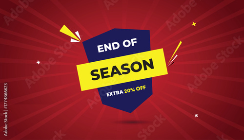 end season extra 20 off web banner vector art template design label icon badge deep blue yellow bold text white dark red light shine sun abstract shapes business background graphic sale promo offer