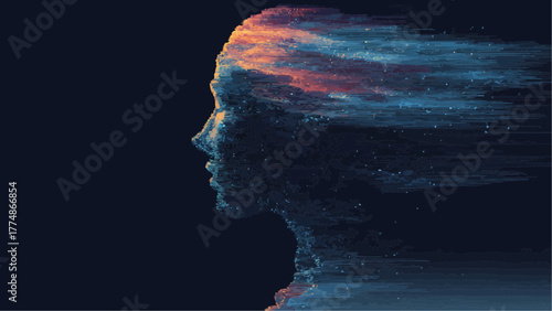 Abstract human head profile with pixelated and distorted effect on a dark background art