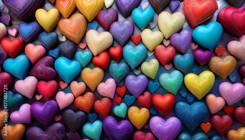 colorful hearts arranged in several patterns showcasing vibrant designs for art and decoration purposes