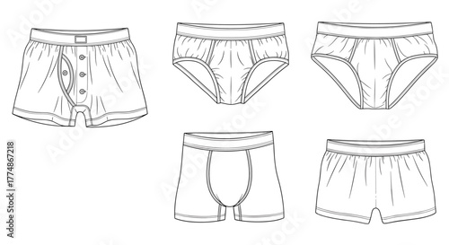 A collection of six distinct styles of men's underwear presented as detailed black and white technical flat drawings, showcasing classic briefs, comfortable boxer shorts, and modern boxer briefs.