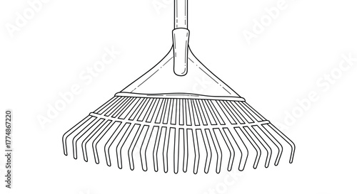 A simple, clear illustration of a garden leaf rake, showing its fanned head with multiple tines and the base of its handle on a plain white background.