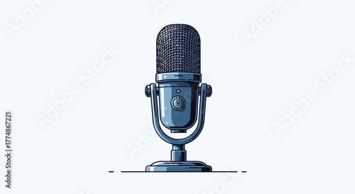 A detailed pixel art illustration of a retro-style condenser microphone with a power button, perfect for podcasting, recording, and broadcasting media projects.
