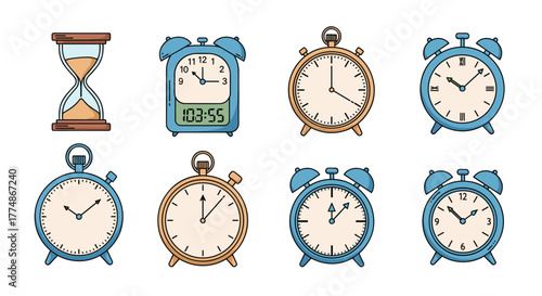 A collection of diverse time-telling devices including an hourglass, digital alarm clock, and various analog clocks and stopwatches.