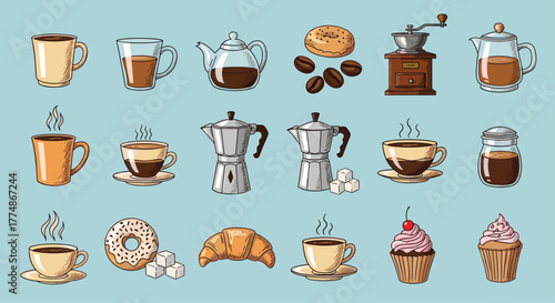 A delightful collection of hand-drawn coffee beverages, brewing equipment, and sweet pastries, perfect for breakfast or coffee break themes.