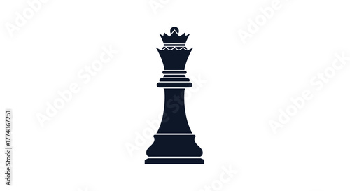 A simple, dark blue silhouette icon of a chess queen, standing upright on a white background, representing strategy, power, and games.