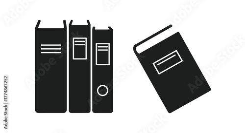 Black silhouettes of various books and binders, including lever arch files and a single tilted book, representing office supplies, literature, and organization.