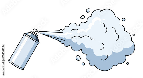A simple, illustrative cartoon drawing of a generic aerosol spray can emitting a white cloud of mist or gas, suitable for various graphic design purposes.
