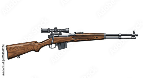 A detailed pixel art illustration of a classic bolt-action sniper rifle with a wooden stock and an attached scope, depicted against a clean white background.