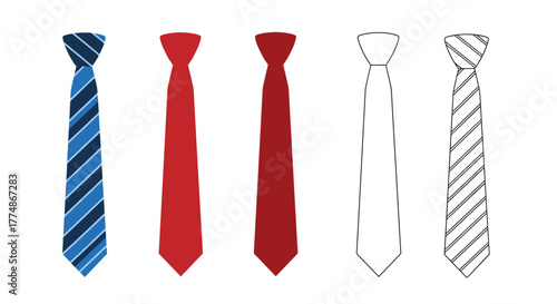 Five distinct neckties showcasing different colors, patterns, and outlines, including solid red, striped blue, and plain outlines, on a clean white background.