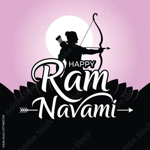 Happy Ram Navami silhouette vector illustration with Lord Ram and bow .