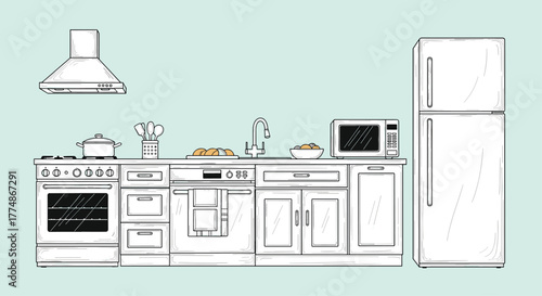 A hand-drawn line art illustration of a modern kitchen, featuring essential appliances including a stove, oven, sink, microwave, and refrigerator, with various kitchen accessories.