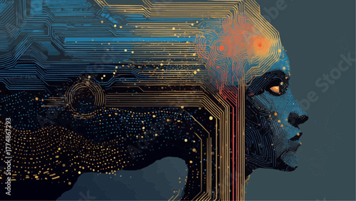 Illustration of a digital human face with circuit board and glowing elements design concept art