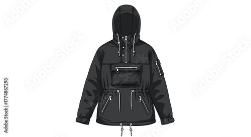 A stylish black hooded anorak jacket featuring multiple utility pockets, zippers, and adjustable drawstrings, perfect for urban streetwear and outdoor adventures.