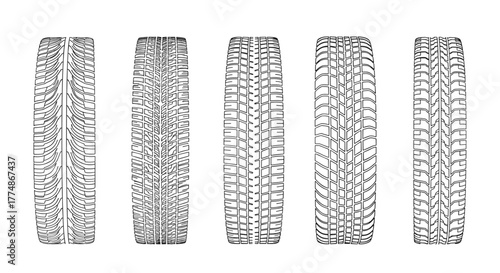 Set of five detailed vector outline illustrations of various automobile tire tread patterns, showcasing different designs for diverse vehicle types.