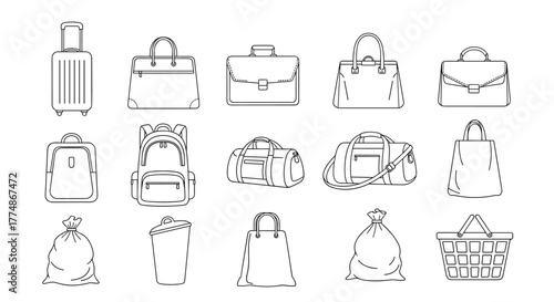A diverse collection of black and white line art illustrations showcasing various bags, luggage, and containers for travel, shopping, and everyday use.
