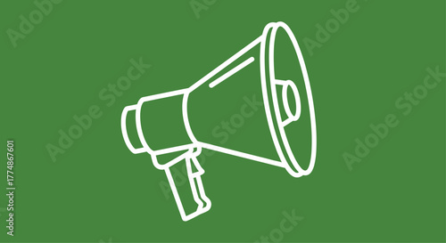 Minimalist white line art illustration of a megaphone on a solid green background, symbolizing announcements, communication, and public address.
