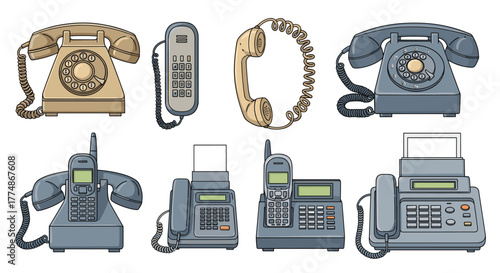 A diverse collection showcasing the evolution of telecommunication devices, including classic rotary, push-button, and cordless telephones, alongside traditional fax machines.