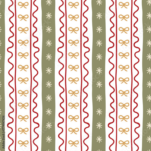 Christmas wavy lines striped seamless pattern design with bows, snowflakes. Winter holiday gift paper, vertical stripes wallpaper, repeat background, textile design, print. Vector illustration.