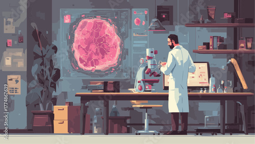 Scientist in lab coat examining a cell sample under a microscope with lab equipment around him