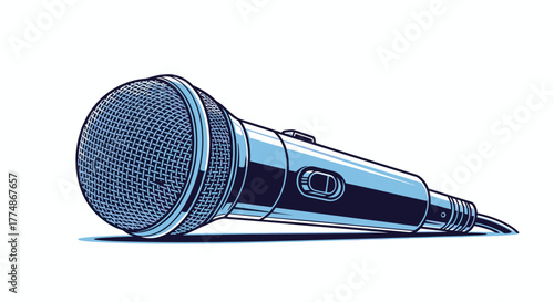 A sleek, modern illustration of a blue dynamic microphone, designed in a flat vector style, resting on a clean white background, symbolizing audio recording and live performance.