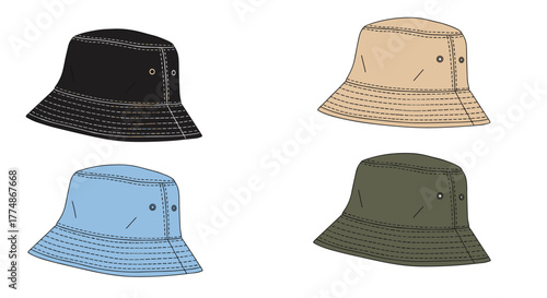 Vector illustrations of four plain bucket hats in black, light blue, beige, and olive green, featuring stitched brims and eyelets.