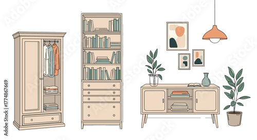 A minimalist illustration showcasing essential home furniture such as a wardrobe, a tall bookshelf, and a modern sideboard, complemented by potted plants and abstract wall art.