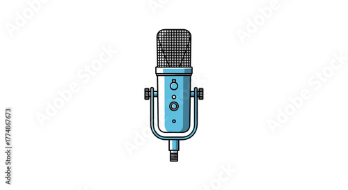 A cartoon illustration of a light blue condenser microphone, commonly used for recording audio, podcasts, and broadcasting, presented on a clean white background.