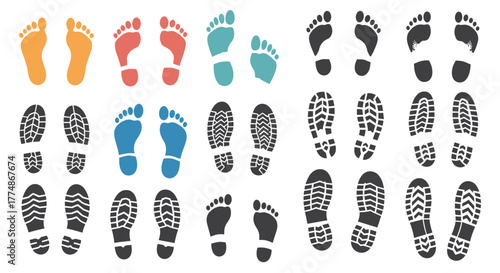 A collection of diverse human bare footprints and detailed shoe and boot print patterns in various colors, illustrating a variety of walking and tracking marks.