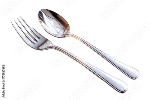 Top view of shiny stainless steel cutlery set, isolated on transparent background.